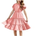 thumbnail image 2 of Mqqzkk Girls Girly Dress Flower Dots Ruffle Short Sleeve Twirly Cute Dresses Tiered Smocked Dress 3-14 Years Old Midi Dress, 2 of 9