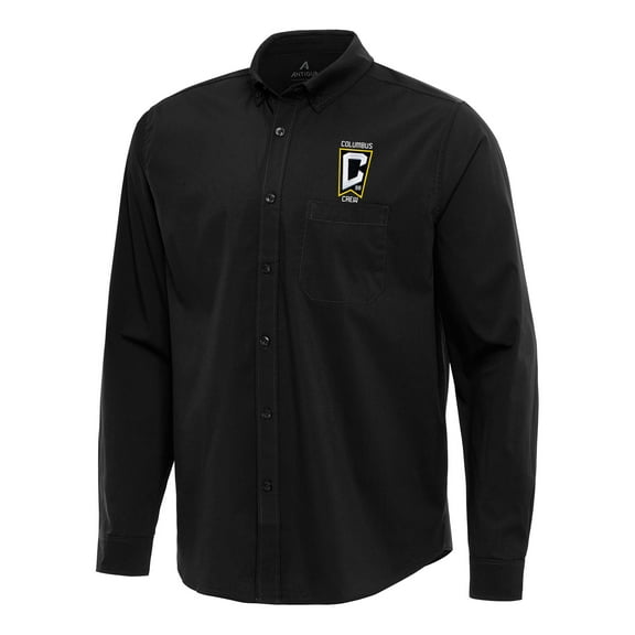 Men's Antigua Black Columbus Crew Flight Woven Tri-Blend Long Sleeve Button-Down Shirt