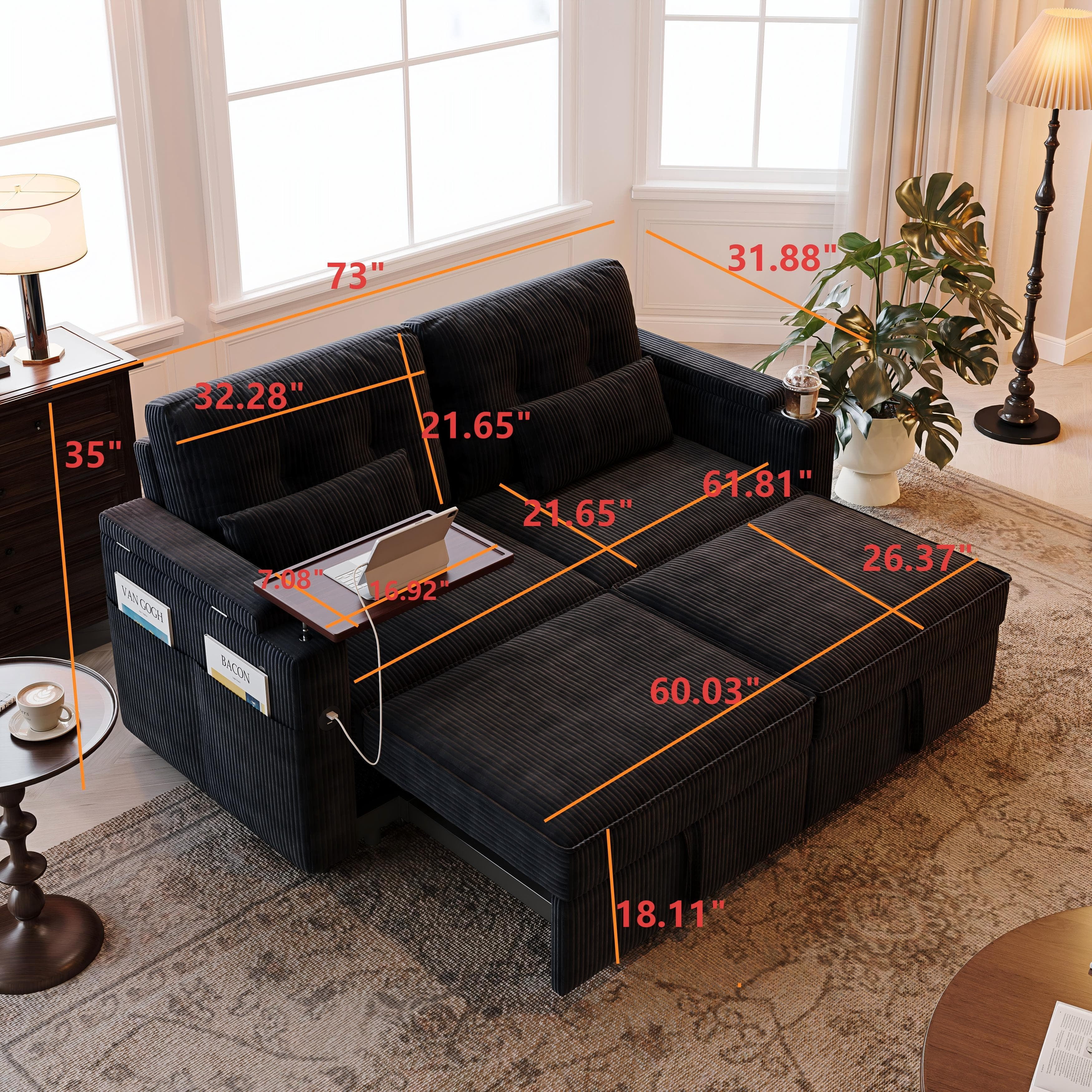 Aukfa 73" 3-in-1 Convertible Sleeper Sofa Bed, Corduroy Pull-Out Couch with 360° Swivel Side Table, USB Ports & Storage Armrests, Oversized Queen, Black