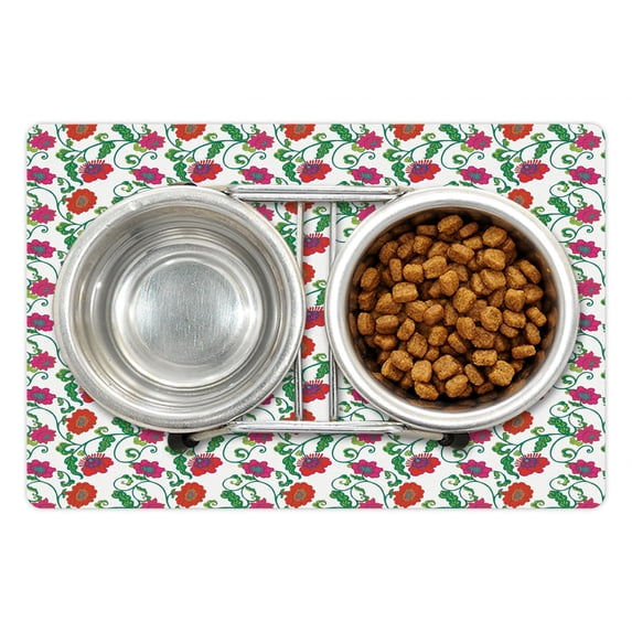 Floral Pet Mat for Food and Water, Romantic Blooming Spring Flowers with Ornamental Swirled Branches and Foliage Leaves, Non-Slip Rubber Mat for Dogs and Cats, 18" X 12", by Ambesonne