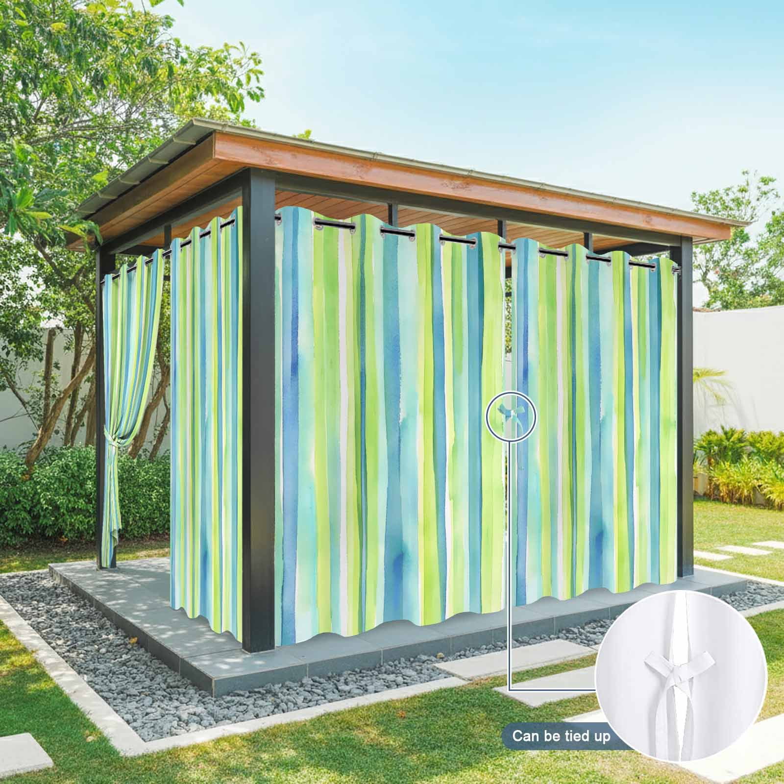 Green Yellow Striped Outdoor Curtains for Patio Waterproof, Abstract Art Watercolor Ombre Grommet Curtains for Porch Outside Privacy Drape for Gazebo Garden Pergola, 2 Panels, 54x84in
