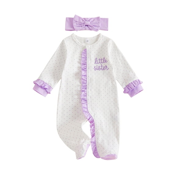 Cjfdfy Newborn Baby Girl Fall Outfit Little Sister Dot Print Ruffled Long Sleeve Button Footed Romper And Bow Headband Infant Coming Home Outfit Baby Cute Fall Winter Outfits