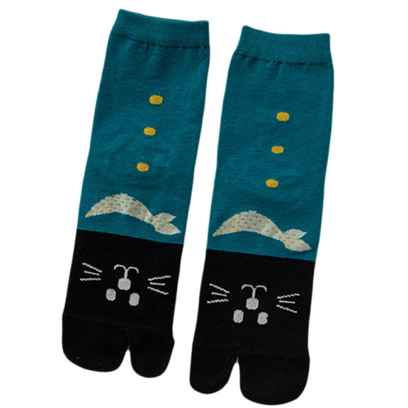 Women Cotton Split 2 Toe Kimono Tabi Crew Socks Cute Cat Print Flip Flop Hosiery