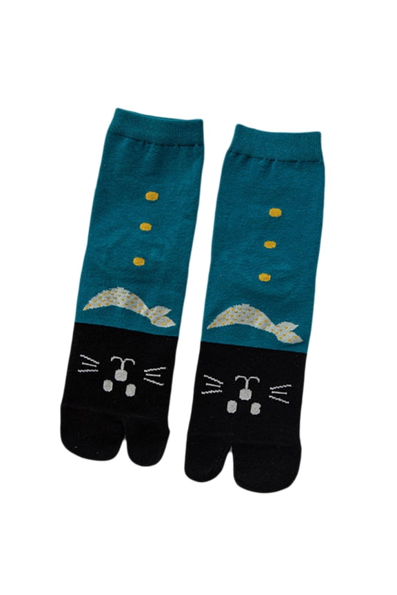 Women Cotton Split Toe Kimono Tabi Crew Socks Japanese Style Cute Cartoon Cat Print Contrast Color 2 Finger Flip Flop Sandal Mid Tube Hosiery