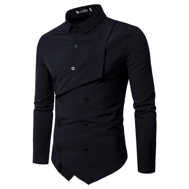 Camisas De Vestir Para Hombre Moda para hombre Casual Color solido Personalidad Doble botonadura Moda de dos piezas Camisa de manga larga informal Black L Walmart en linea