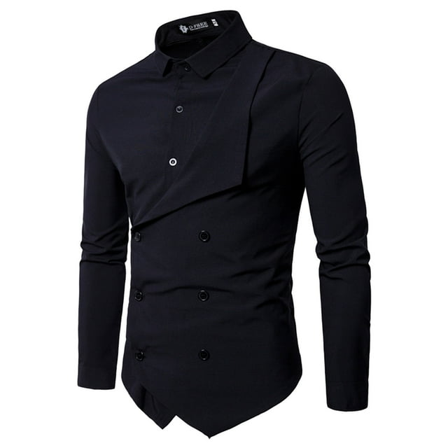 Camisas De Vestir Para Hombre Moda para hombre Casual Color sólido Personalidad Doble botonadura Moda de dos piezas Camisa de manga larga informal (Black, L)