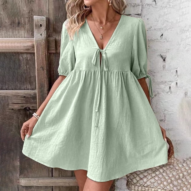 Robe en Lin pour Femme, Robe Décontractée à Col en V et Manches Courtes, Robe d'Été Longueur Genou pour les Vacances