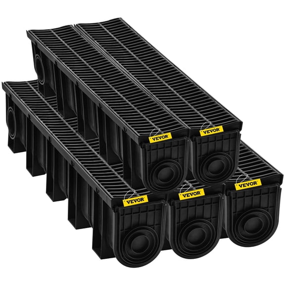 Trench Drain System, 5-Pack, 5.9" x 7.5" HDPE Drainage Channel with Plastic Grate, Black Garage Floor Drain, 5x39 Inch Trench Drain Grate with End Caps, for Driveway, Garden, Yard