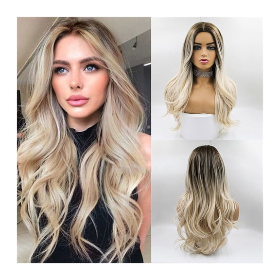 Long Wavy Ombre Blonde Wig for Women 24" Middle Part Synthetic Wig Natural Heat Resistant Fibre Wigs with Dark Roots for Cosplay Daily