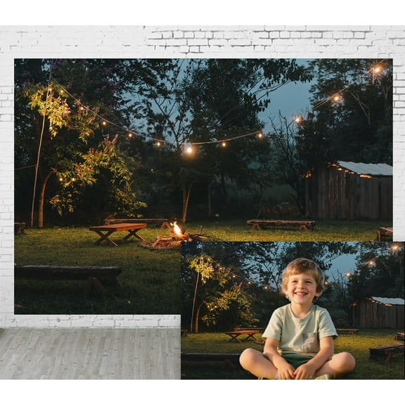 Diha 7x5ft Fabric Outdoor Background Night Scene Bonfire Wooden Furniture Forest Cabin Grassland Picnic Camping Hiking Home Decoration Photography Background