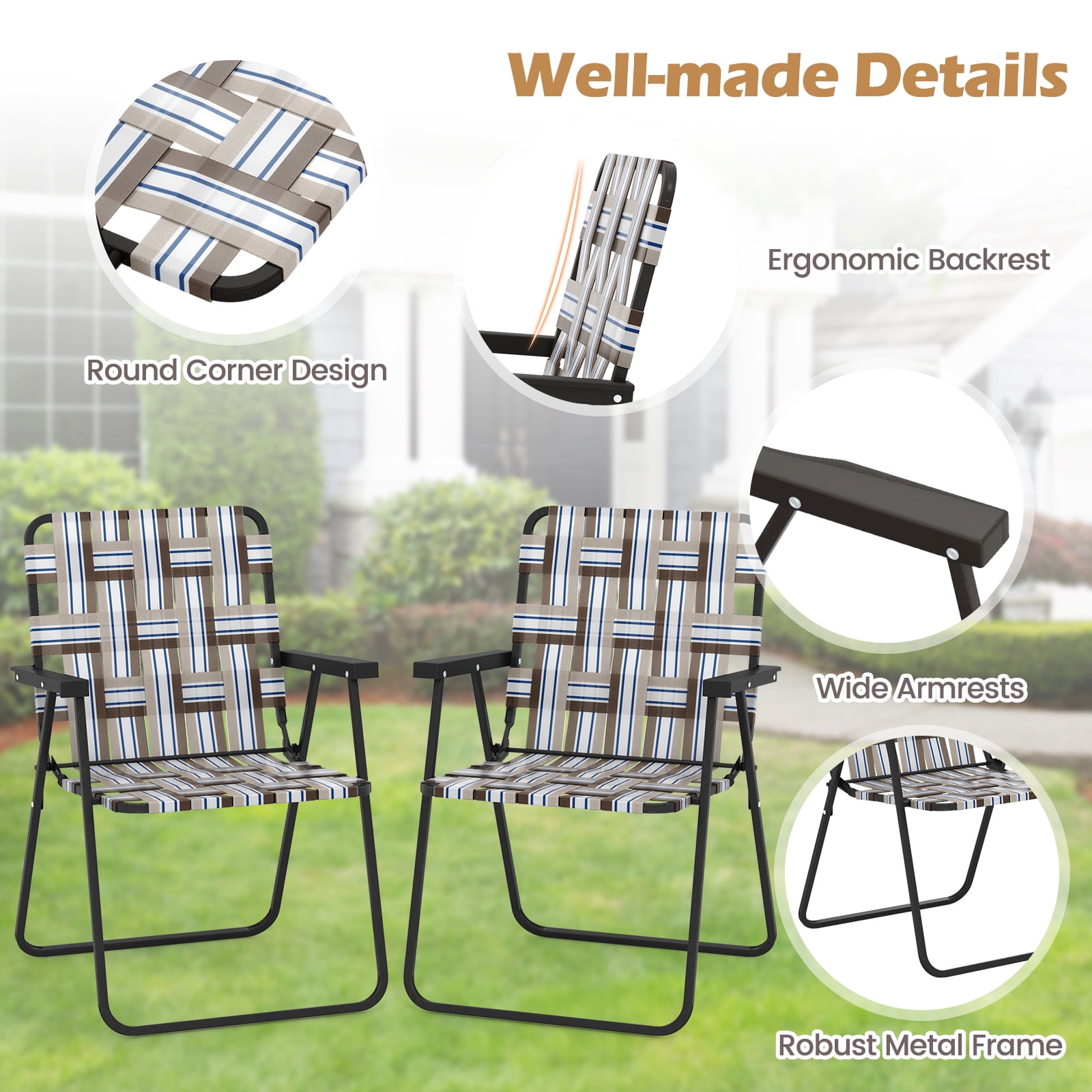 Topbuy Set of 2 Webbed Lawn Chairs, Outdoor Patio Folding Chairs w/ Heavy-Duty Metal Frame Lightweight Portable Web Camping Chairs Brown
