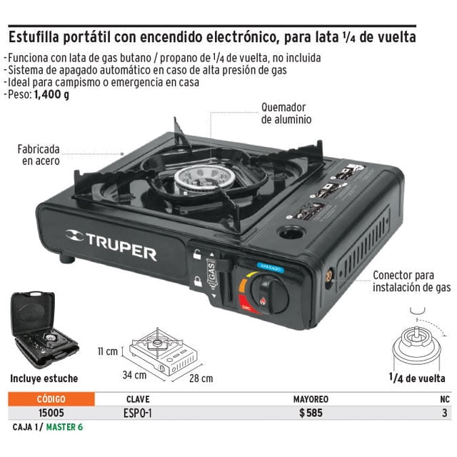 Estufilla portátil, encendido electrónico p/lata 1/4 vuelta Truper Estufilla portátil, encendido electrónico p/lata 1/4 vuelta