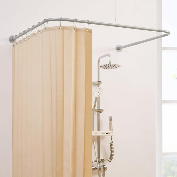 U Shaped Corner Shower Curtain Rod, [Both Sides: 23.6"-52", Middle: 31"-46.7"] Adjustable U Shape Outdoor Curtain Rod for Bathroom with 12 Ring Hooks & Ceiling Support - Silver Gray