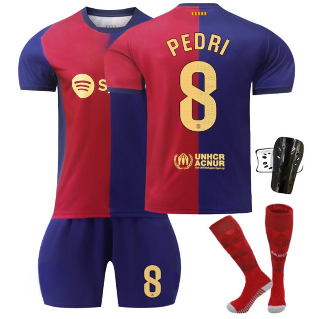 GZSL 2425 Barcelona Home Football Training Kit, Number # 8 Soccer Jersey, Colorful Short-Sleeve Kids Football Jersey with Gold Lettering and Small Logo Four-Piece Set/22