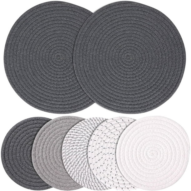 Juego de 7 alfombrillas para ollas y sartenes, agarraderas tejidas redondas, almohadillas para ollas trenzadas 100 % algodón, manteles individuales para cocinar y hornear, 2 x 30 cm + 5 x 18 cm