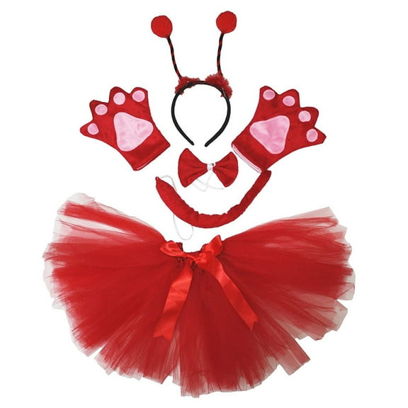 Petitebelle Ladybug Headband Bowtie Tail Gloves Tutu 5pc Costume (Red, 5-10 Years)