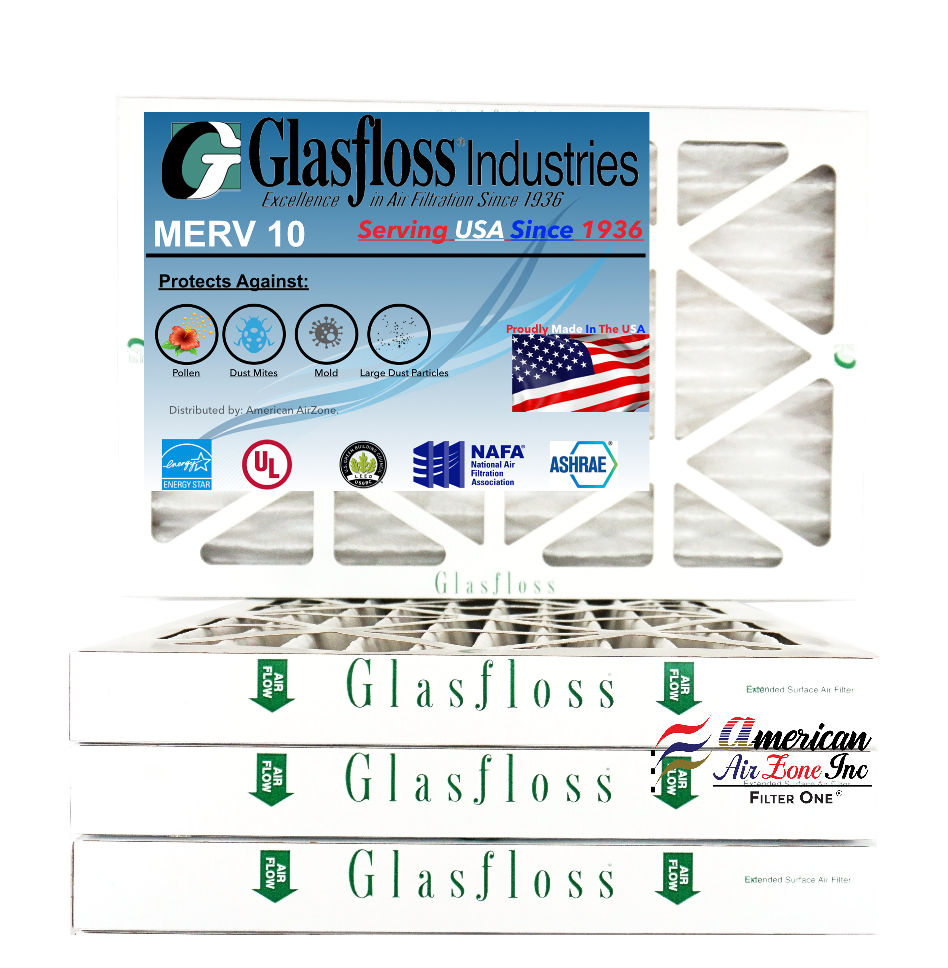 Glasfloss Air Filter 24x36x2 2" MERV 10 (Pack of 4) Pleated AC or