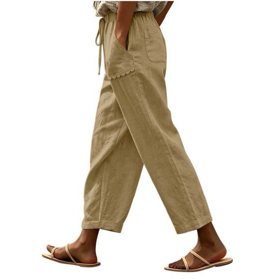 Levmjia Women's Casual Pants High Waisted with Pockets Drawstring Waist Scallop Hem Loose Fit Wide Leg Lounge Pants Solid Color for Summer Daily