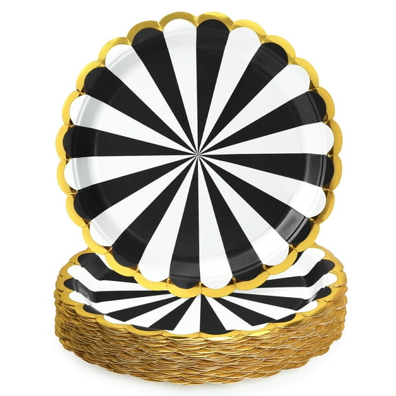 50 Pcs Party Plates, Black Disposable 9 inch Scalloped Paper Dinner Plates Sets Party Supplies for Birthday Baby Shower Bridal Shower Picnic, Black and White Striped