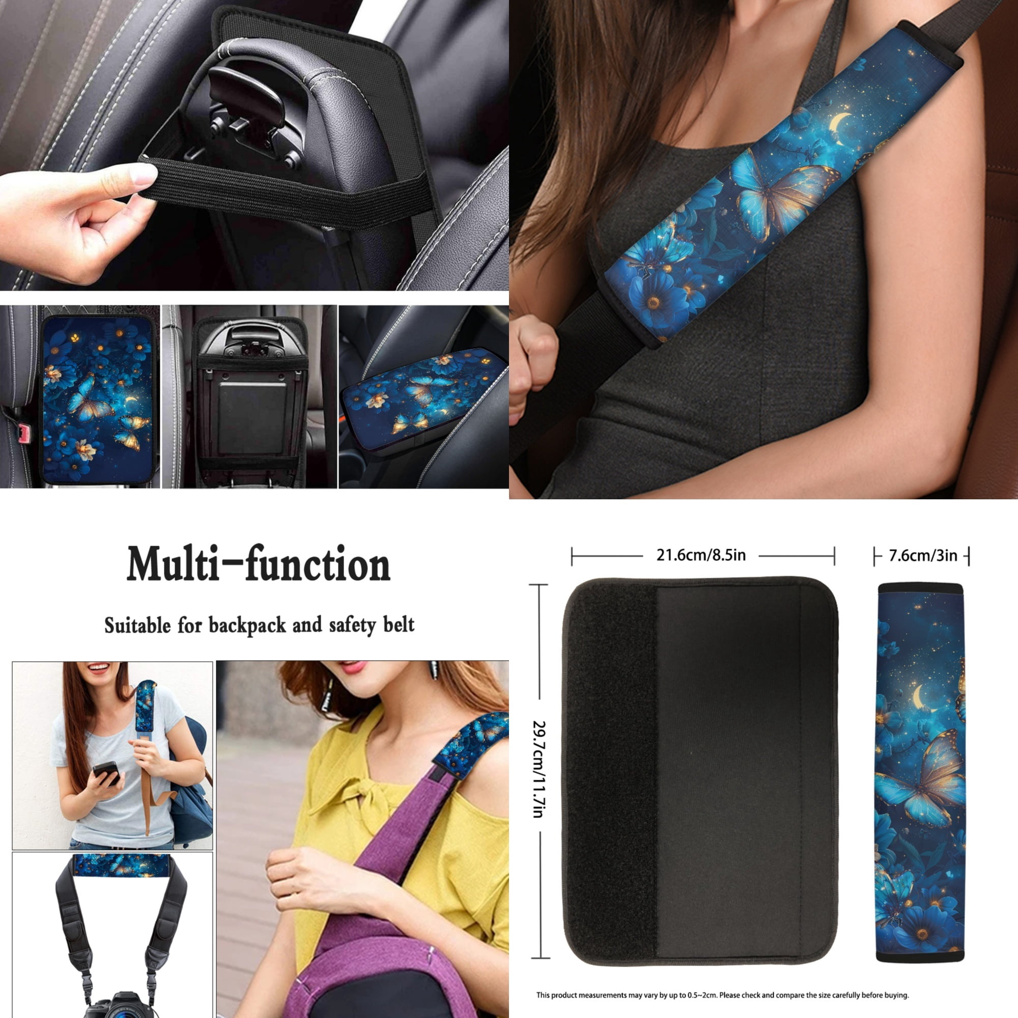 Jeiento Butterfly Car Seat Covers Full Set with Steering Wheel Cover Safe Belt Pads Coasters Center Console Cover Keychain Chapstick Holder Blue 13 PCS Auto Interior Sets Accessory