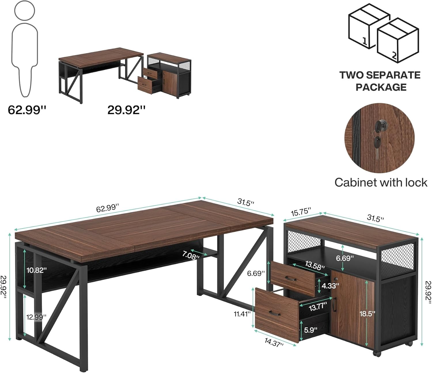Tribesigns 63" L-Shaped Desk with Drawers, Executive Computer Desk with lateral File Cabinet (Dark Brown, 63 inches)