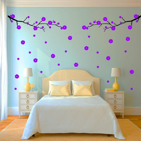 VWAQ Cherry Blossom Tree Branch Wall Decal - Flowers and Leaves Living Room Decor - 96 PCS