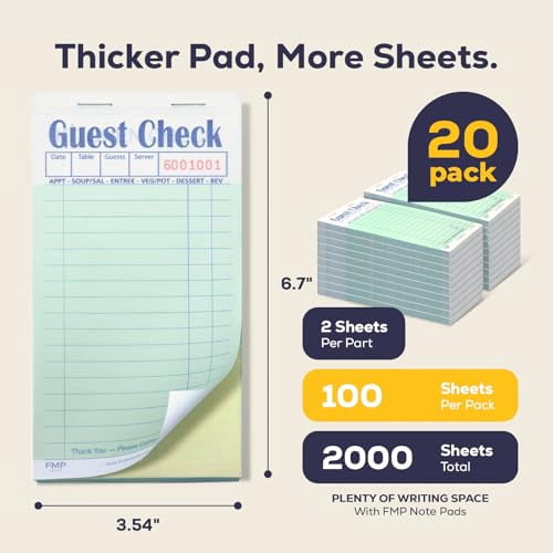 FMP Brands Double Part Guest Check for Servers, Server Note Pads 1000 Sheets (20 Pads), Server Books for Waitress with Carbon Copies, Guest Check 2 Part Carbonless, Receipt Book with Carbon Copies