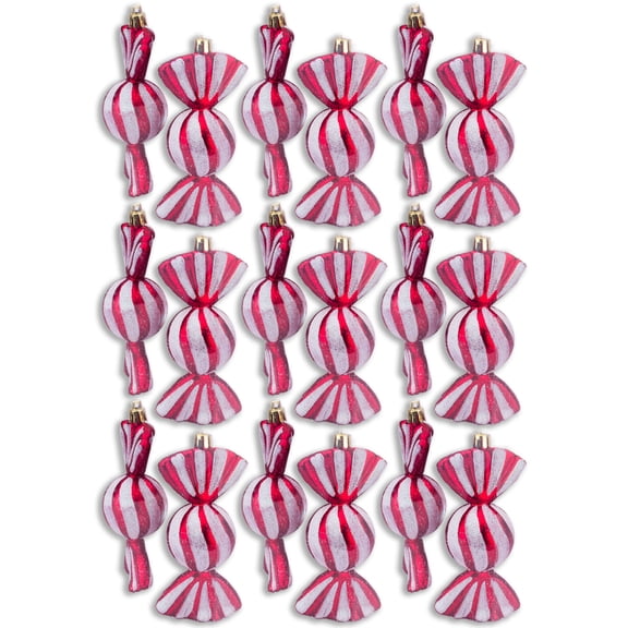 18 Pack of Red and White Candy Ornaments with Glitter Enhancements