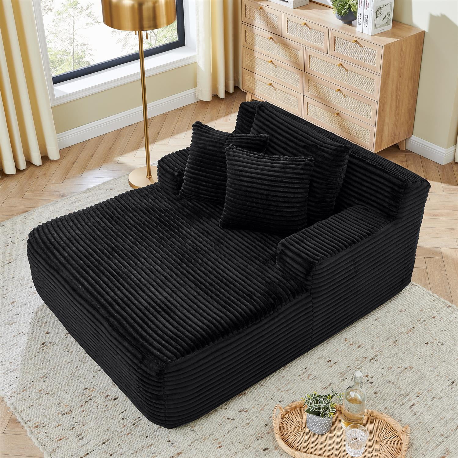 Demi Bonn 64" Velvet Fabric Single Lazy Sofa, Modern Fluffy Couch Lounge Chair for Indoor Living Room, Bedroom, No Assembly Needed, Black