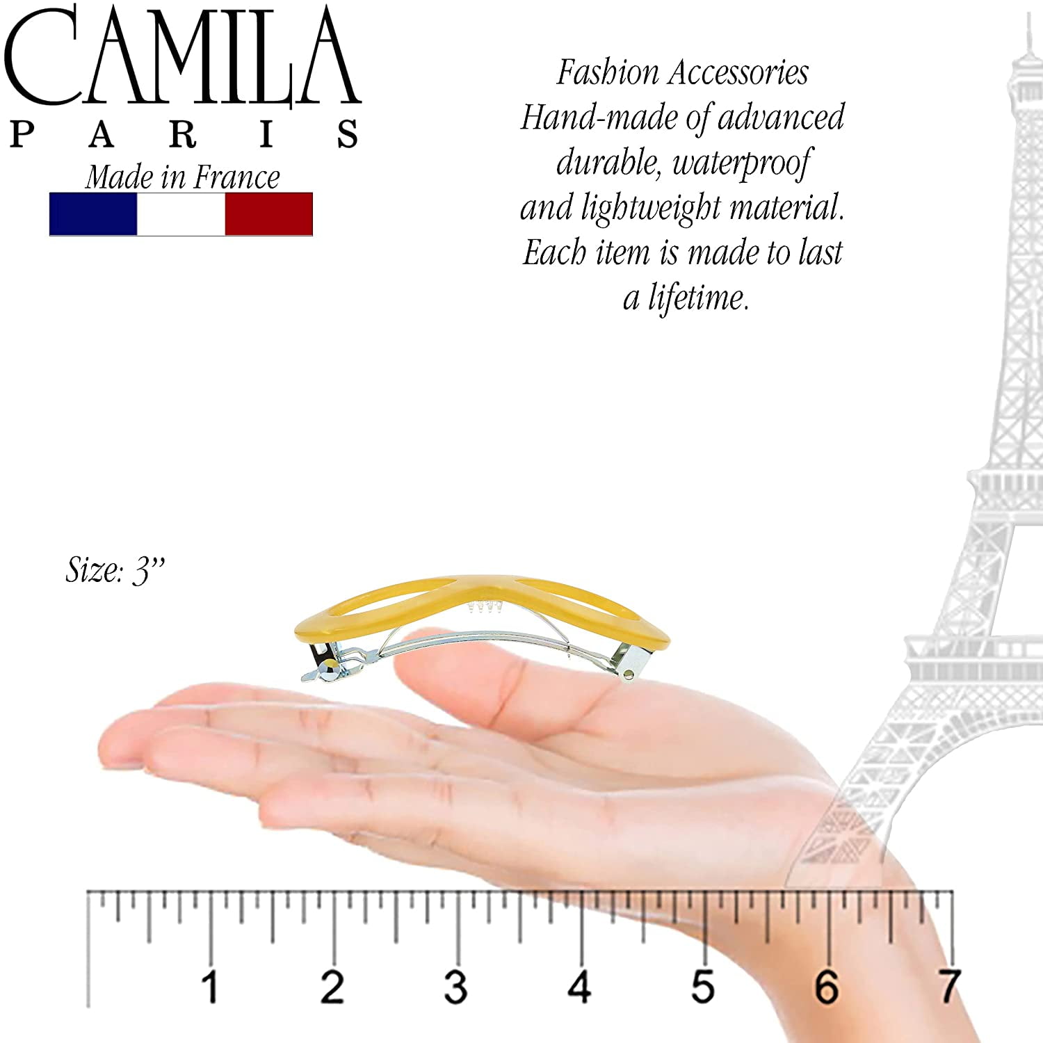Camila Paris CP3275 French Hair Barrette Clip for Girls, Handmade, Blue, Strong Hold Grip Hair Clips for Women, No Slip and Durable Styling Girls Hair Accessories, Made in France
