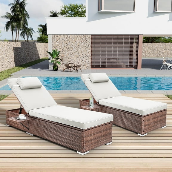 Wiilayok Outdoor Chaise Lounge Set of 2,Rattan Wicker Chaise Lounge with Adjustable Backrest, Outdoor Reclining Chairs for Garden Pool Backyard Deck,White