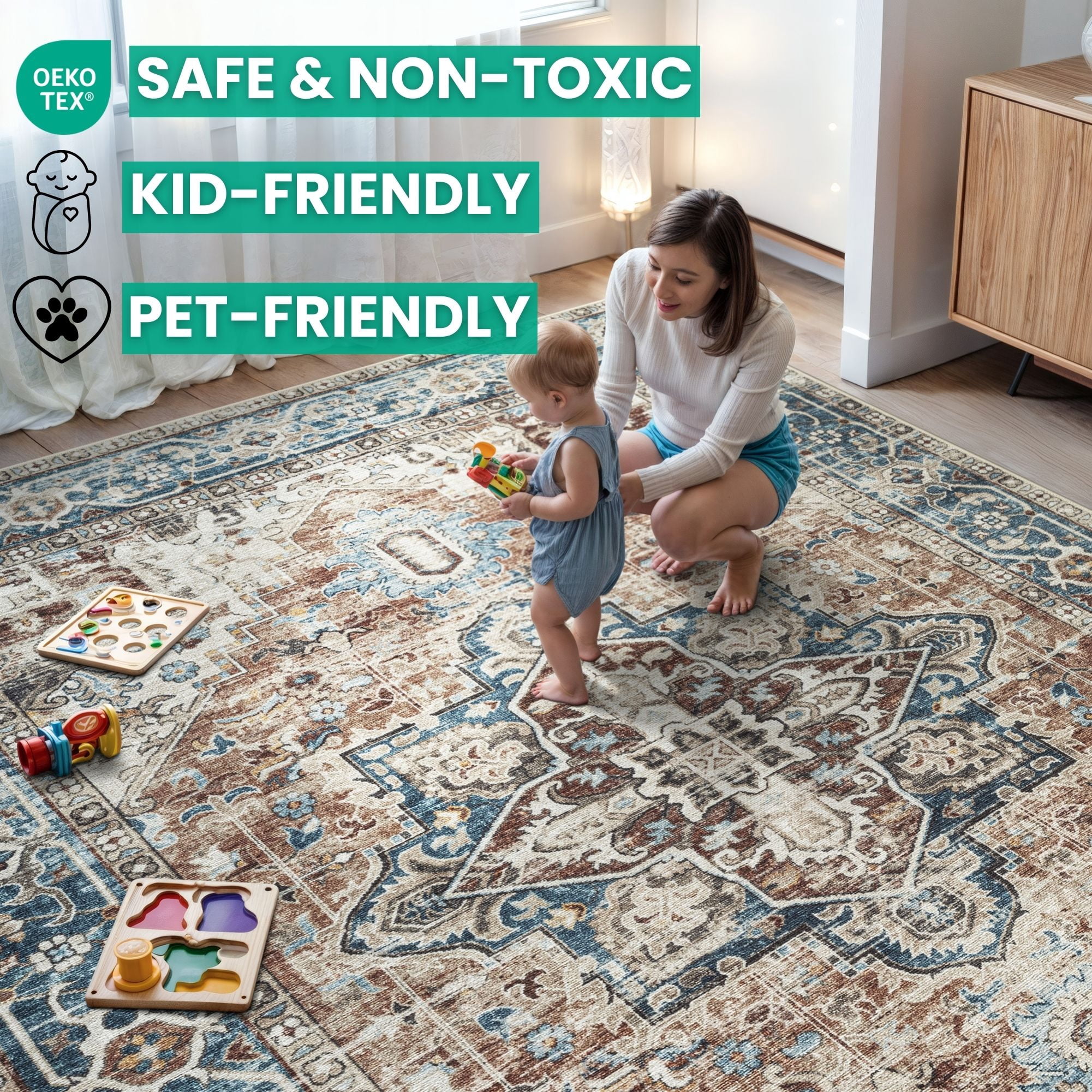 Bloom Rugs Washable Non-Slip 12 ft Runner - Terracotta / Blue Traditional Oriental Runner for Entryway, Hallway, Bathroom, and Kitchen - Exact size: 2'6" x 12'