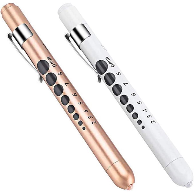 Linterna de diagnóstico médico de 2 piezas (oro rosa + blanco), linterna médica LED reutilizable con medidor de pupila, adecuada para enfermeras y médicos, con clip de bolsillo