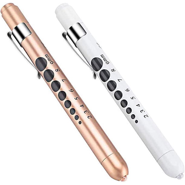 2 Piezas de Linterna de Pluma de Diagnóstico Médico (Oro Rosa + Blanco), Linterna de Pluma Médica LED Reutilizable con Medidor de Pupila, Adecuada para Enfermeras y Médicos, con Clip de Bolsillo