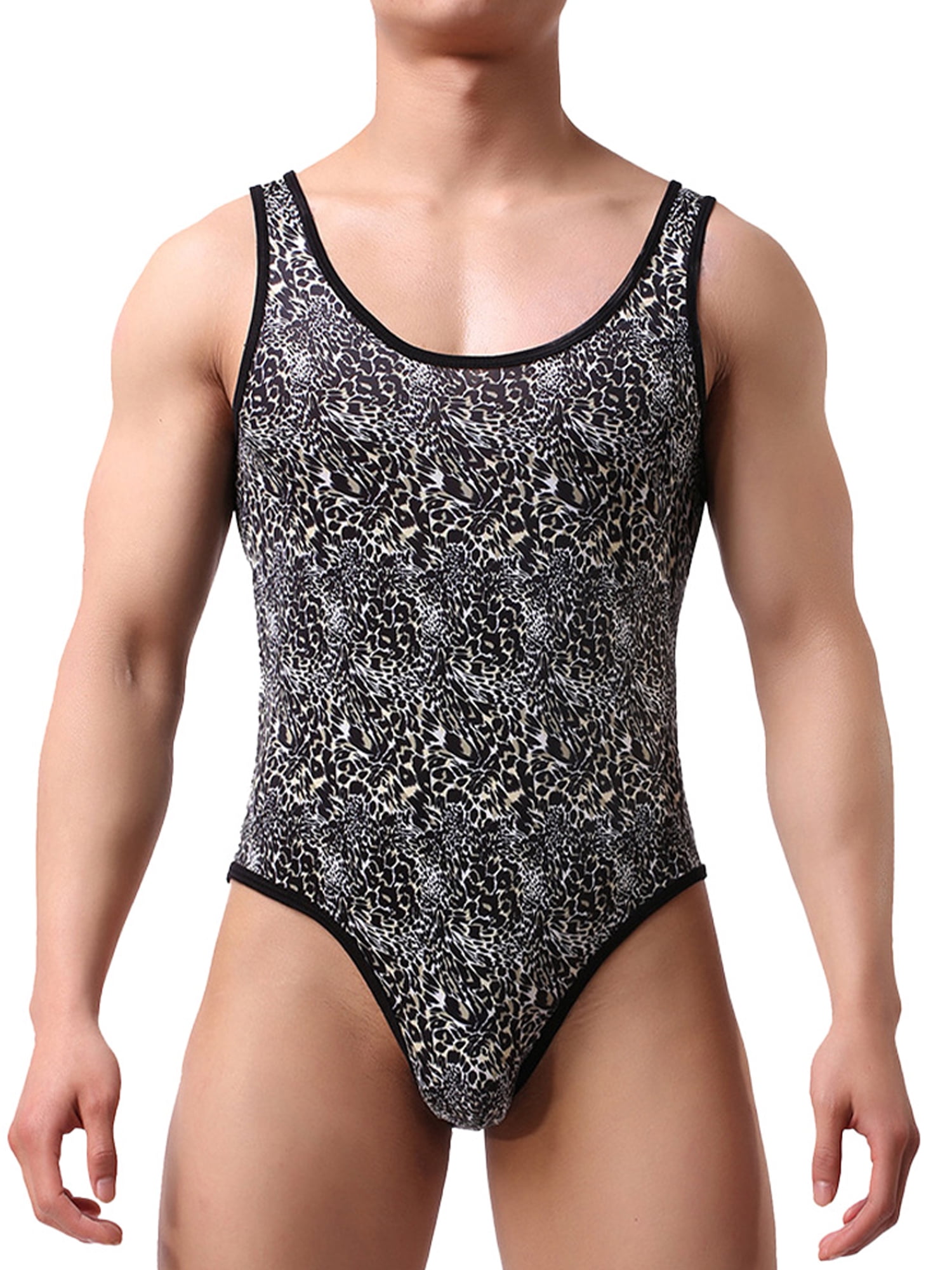 Mens One Piece Leopard Printed Jumpsuit Leotard Playsuits BodySuit Underwear Pjs