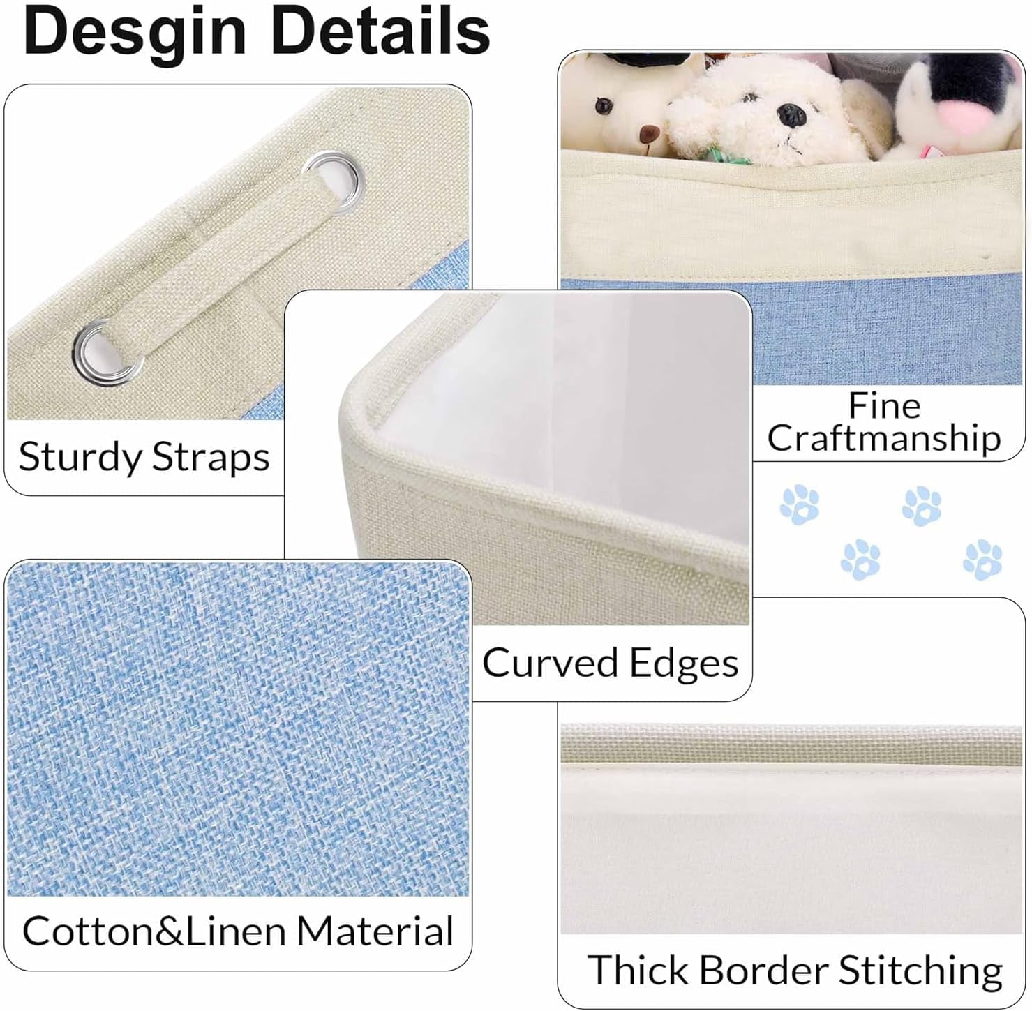 Linen Closet Collapsible Storage Basket Bin for Shelves, Fabric Rectangle Organizers with Handles for Home,Nursery,Clothes, Toys,Books, Laundry-Blue