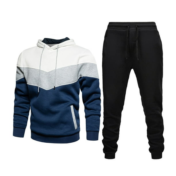 Suéter y pantalones cosidos en tres colores Traje de otoño e invierno con capucha de dos piezas para hombres Pompotops oipoqjl29429
