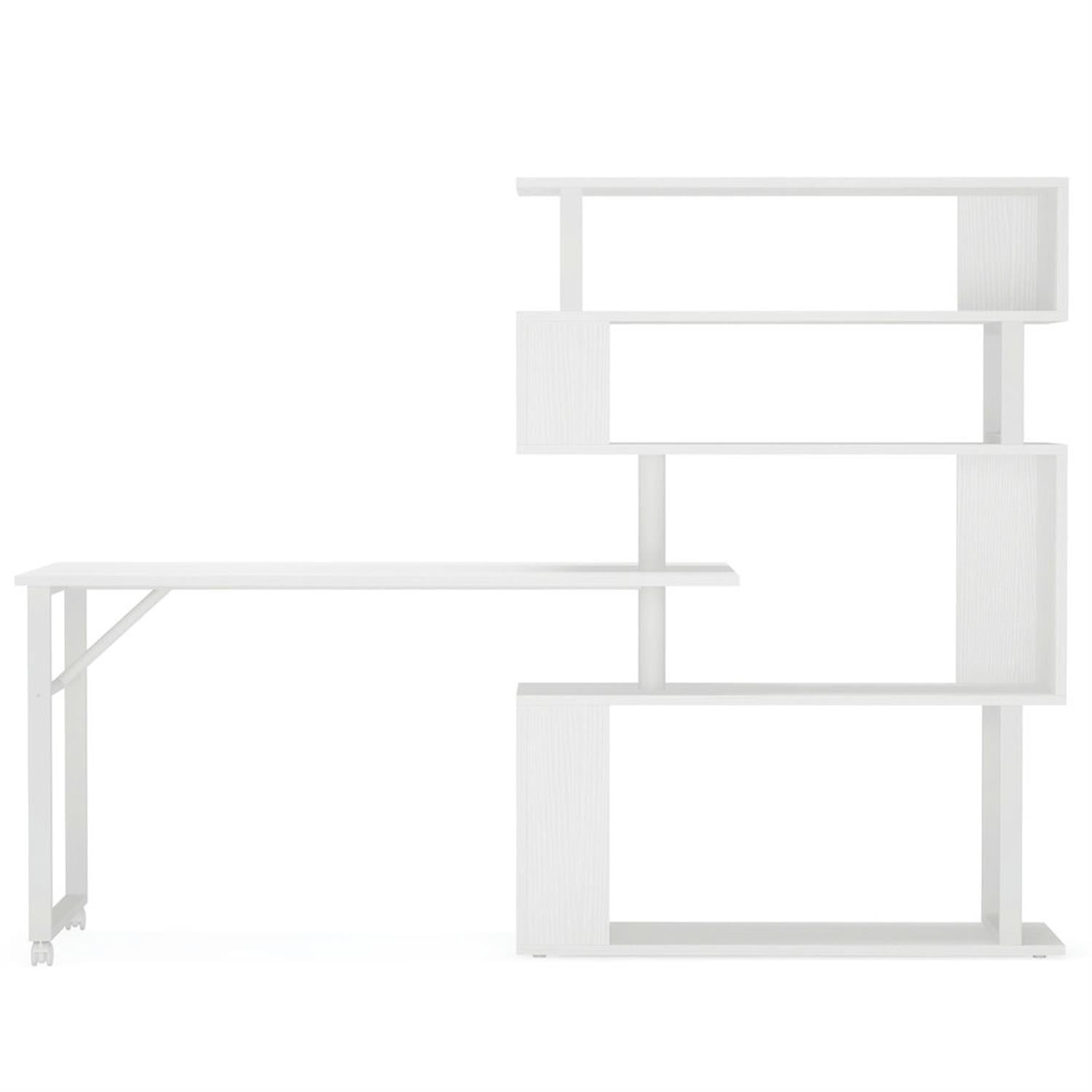 Demi Bonn 47" Rotating Computer Desk with 5-Tier Bookshelf and Wheels, Modern Reversible Study Writing Gaming Table for Home Office, White