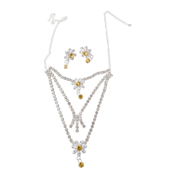 RK Art Jewelry - Women's Yellow Crystal Layered Necklace Set with Earrings, Silver Tone Floral Statement Jewelry for Party & Wedding Wear