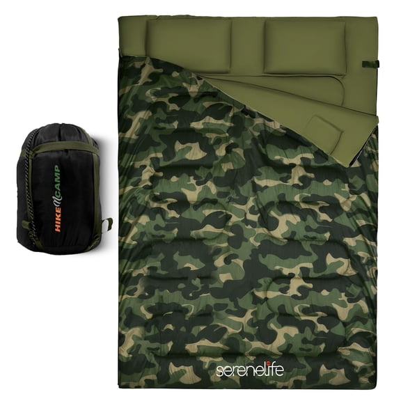 SereneLife SLSBCA - Double Sleeping Bag with Two Pillows- Lightweight & Waterproof Sleeping Bag for Adults or Teens, For Camping, Backpacking or Hiking, Includes Carrying Bag (Camouflage)