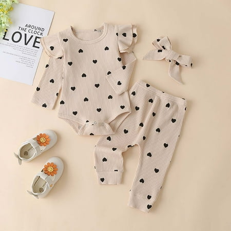 

Augper Baby Girl Clothes Long Sleeve Fall Winter Clearance Toddler Baby Kids Girls Heart Print Ruffle Romper+Pants+Headbands Clothes Suit Beige