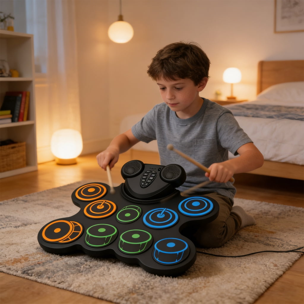 Compact Electronic Drum Set With Adjustable Tone And Digital Great Present For Aspiring Music Lovers
