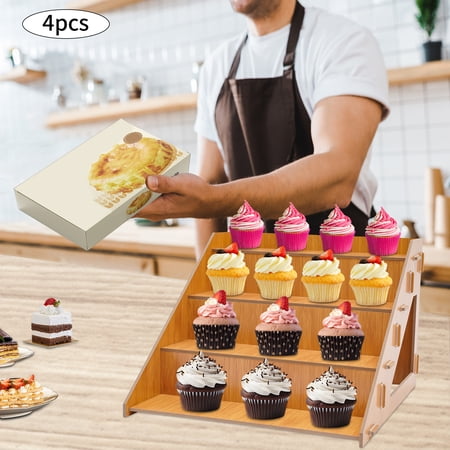 4Pcs Retail Display Rack, 4-tier Wooden Farmers Market Craft Fair Display Riser, Cupcake Tabletop Display Stand for Collectibles Perfume Shop Craft Shows Candle Soap Cake