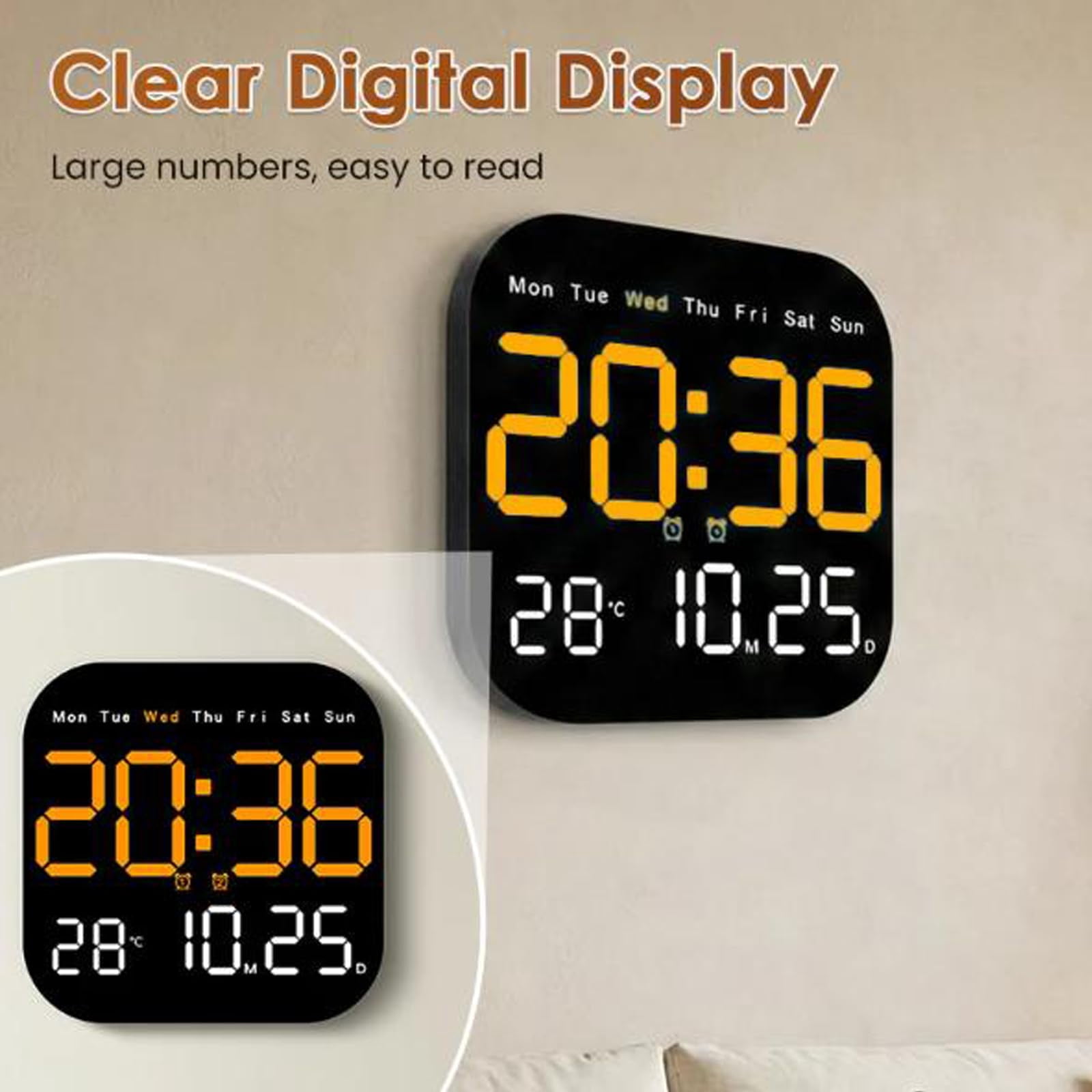Multifunctional Digital Alarm Clock for Home & Office, Large LED Display with Remote, Hidden Desk Stand, Dimmable Wall Mount Calendar, Temp & Timer