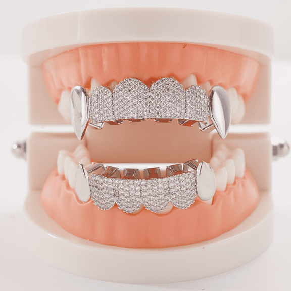 Copper Zirconia Vampire Fang Grillz for Men & Women, Gold & Silver Tone with Cone & Teardrop Tips, Wave Design Iced Teeth Jewelry for Hip Hop Parties