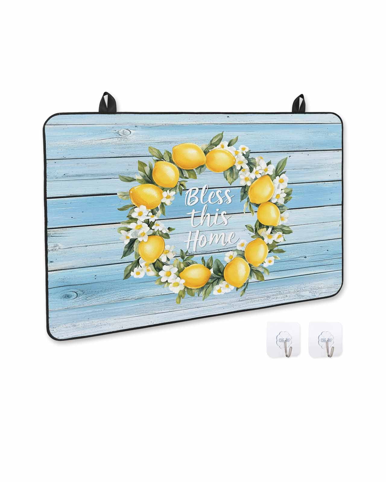 nqOlkjepod Large Induction Cooktop Protector Mat 36"x21", Lemon Wreath Stove Top Covers for Electric Stove, Farmhouse Blue Wooden Floral Decorative Stove Burner Cover Mats, Glass Top Stove Cover