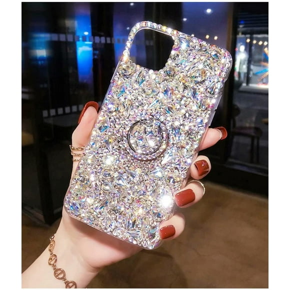Compatible with LG G7/LG G7 ThinQ Glitter Case,3D Diamond Ring Holder Kickstand Rhinestone Women Girls Rainbow Shiny Sparkle Bling Glitter Protective Phone Case Cover