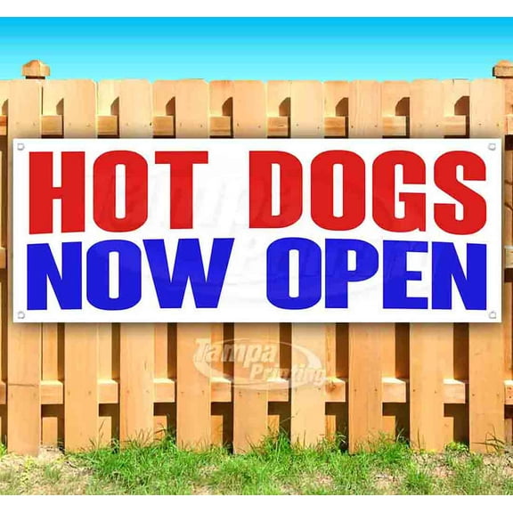 Hot Dogs Now Open 13 oz Vinyl Banner With Metal Grommets
