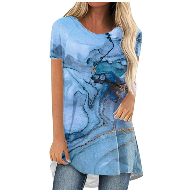 Women's Casual Loose Flowy Tunic Top for Leggings Clearance Lady Work  Blouses Dressy Short Sleeve Western Shirts Crewneck T Shirt Tie Dye Ombre  Tees Summer Tops Woman Vintage Blue L 