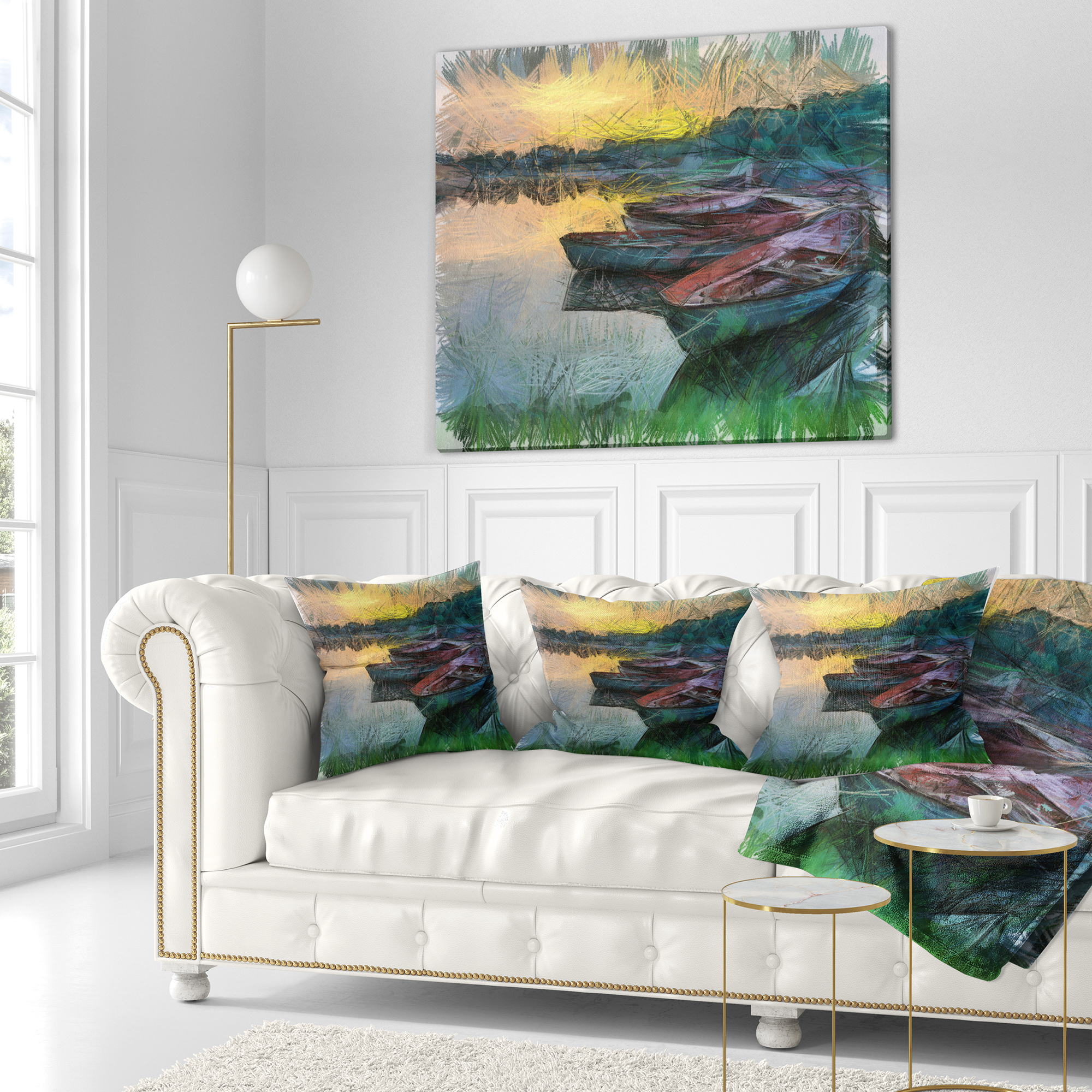 Designart Fishing Boats by River Watercolor - Landscape Printed Throw Pillow - 16x16